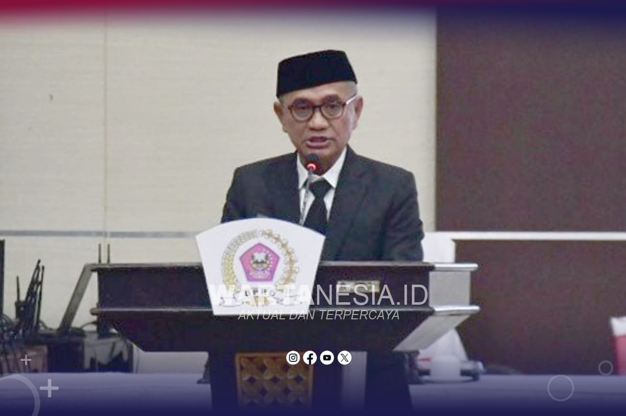 Bupati Pohuwato, Saipul Mbuinga, saat memberikan sambutan HUT Ke 23 Pohuwato, di aula DPRD Pohuwato, Rabu (25/02/2026) (Iwan Karim Prokopim Pohuwato)