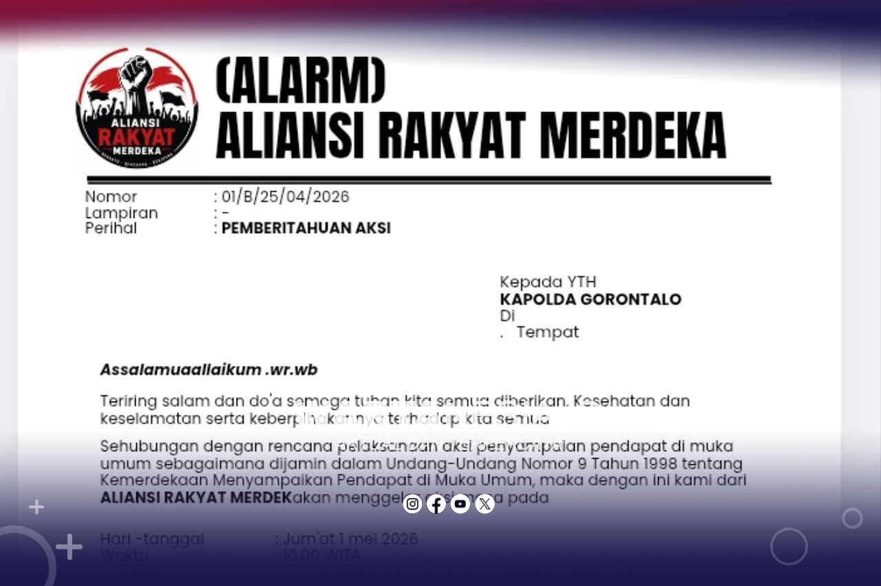 Surat ALARM yang ditujukan untuk Polda Gorontalo, terkait aksi demo pada 1 Mei 2026 mendatang. (Istimewa)