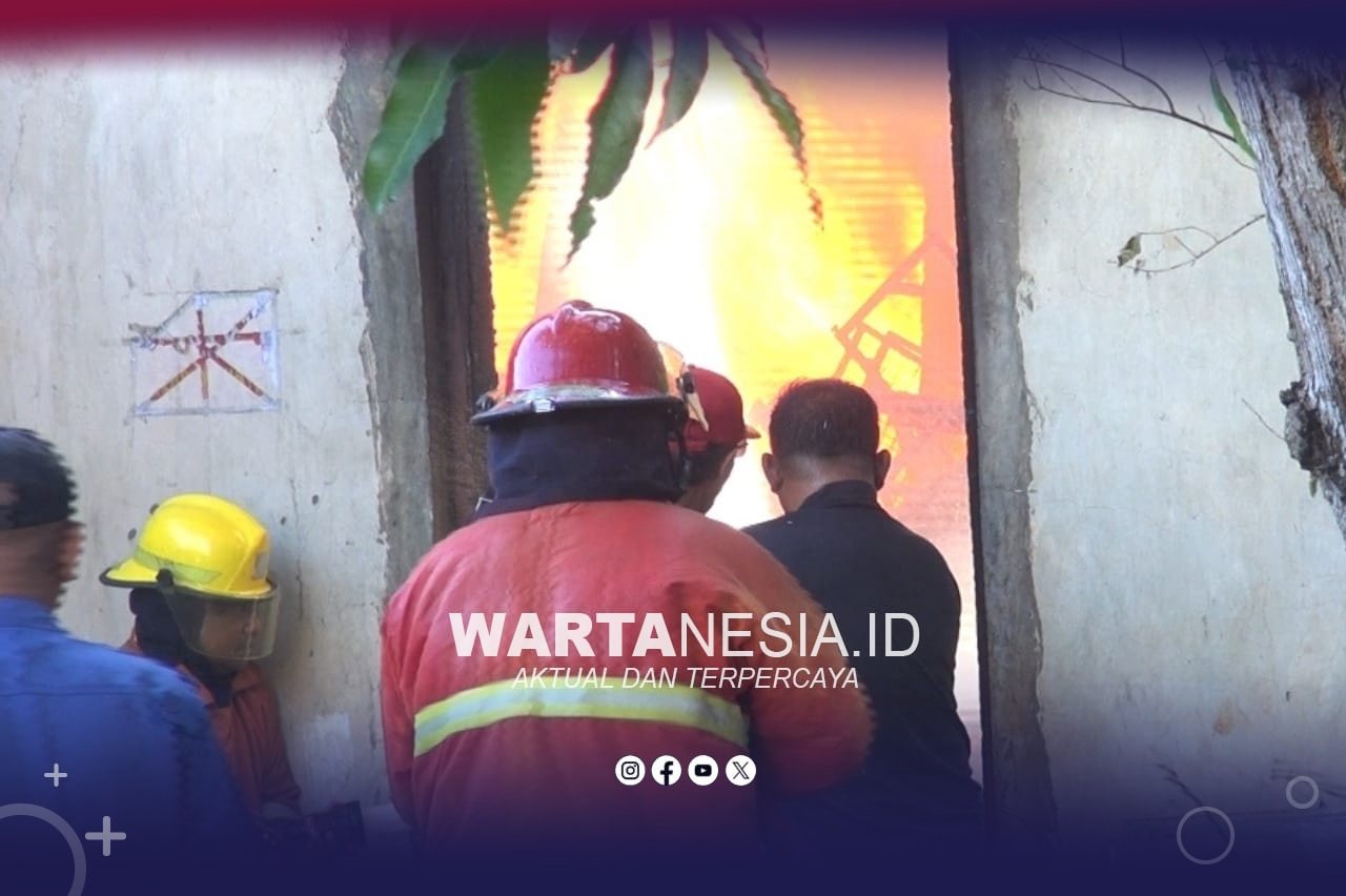 Petugas Damkar tengah memadamkan api yang membakar gudang barang bekas di Kota Gorontalo.